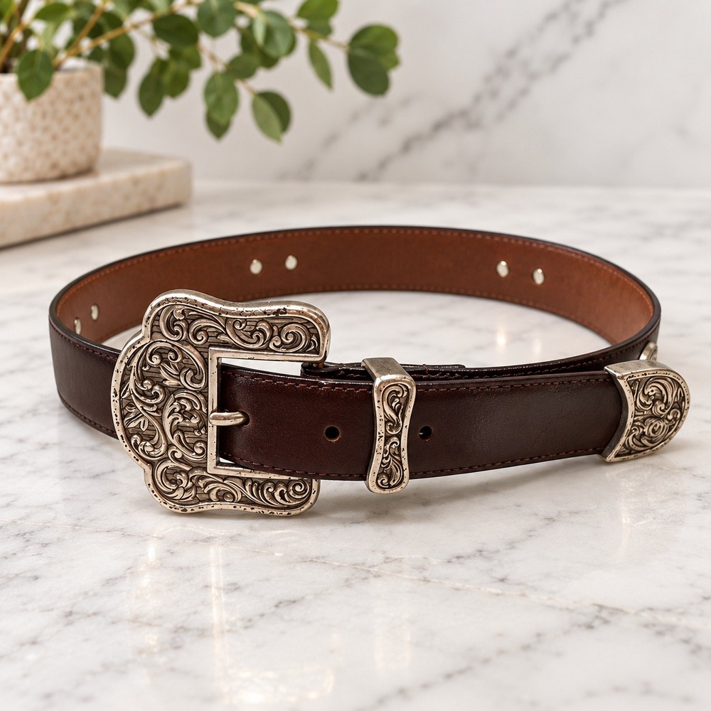 Donna Katz Brown Leather Western Belt Silver Engraved Buckle Scroll USA Small